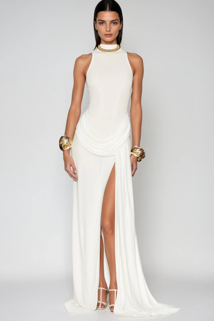 Canaan Ruch Sleeveless Split Maxi Dress In White - Stylish white dress for special occasions | Buy Online