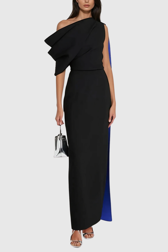 Stylish black dress | Candidus Shawl Ruch Asymmetric Midi Dress In Black - Ideal for special occasions