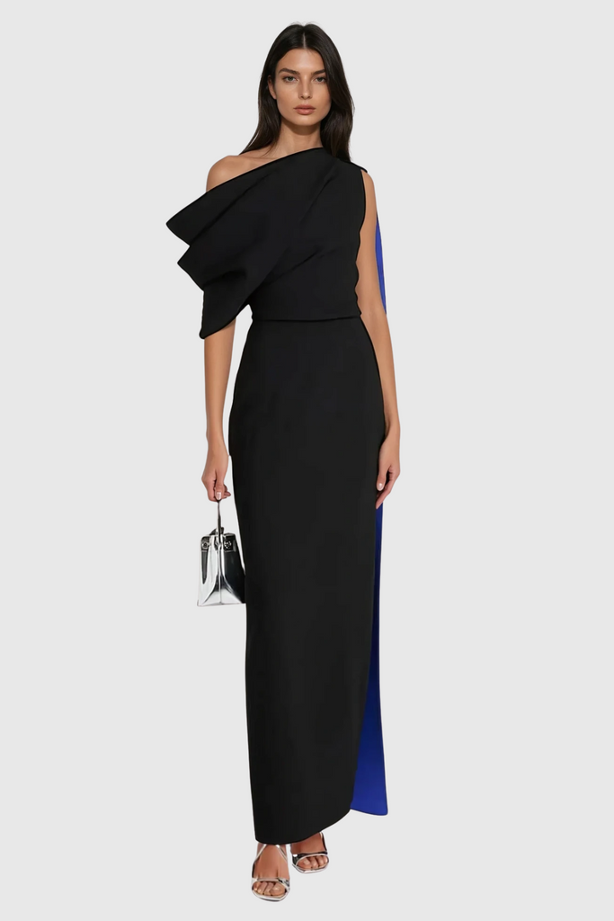Stylish black dress | Candidus Shawl Ruch Asymmetric Midi Dress In Black - Ideal for special occasions