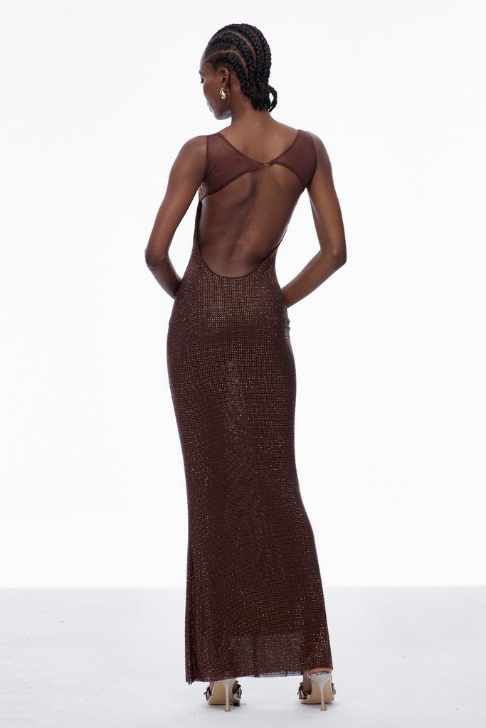 Caomh Sequin Backless Maxi Dress In Brown - Stylish brown dress for special occasions | Buy Online