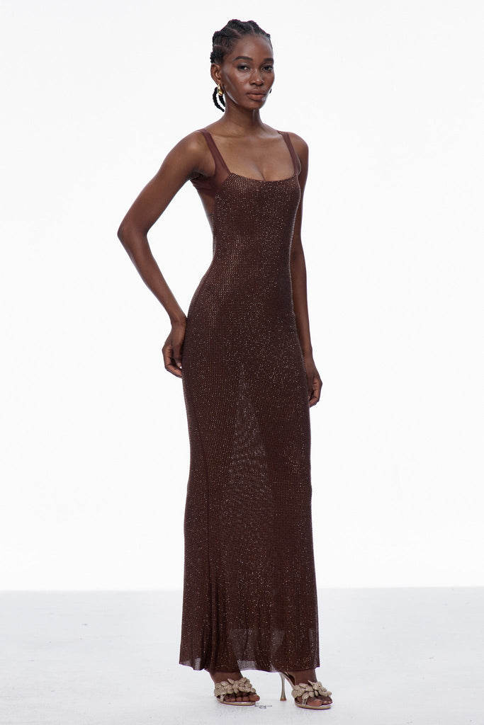Caomh Sequin Backless Maxi Dress In Brown - Stylish brown dress for special occasions | Buy Online