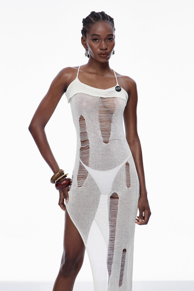 Capri Spaghetti Cutout Knit Maxi Dress In Apricot - Stylish beautiful dress for special occasions | Buy Online