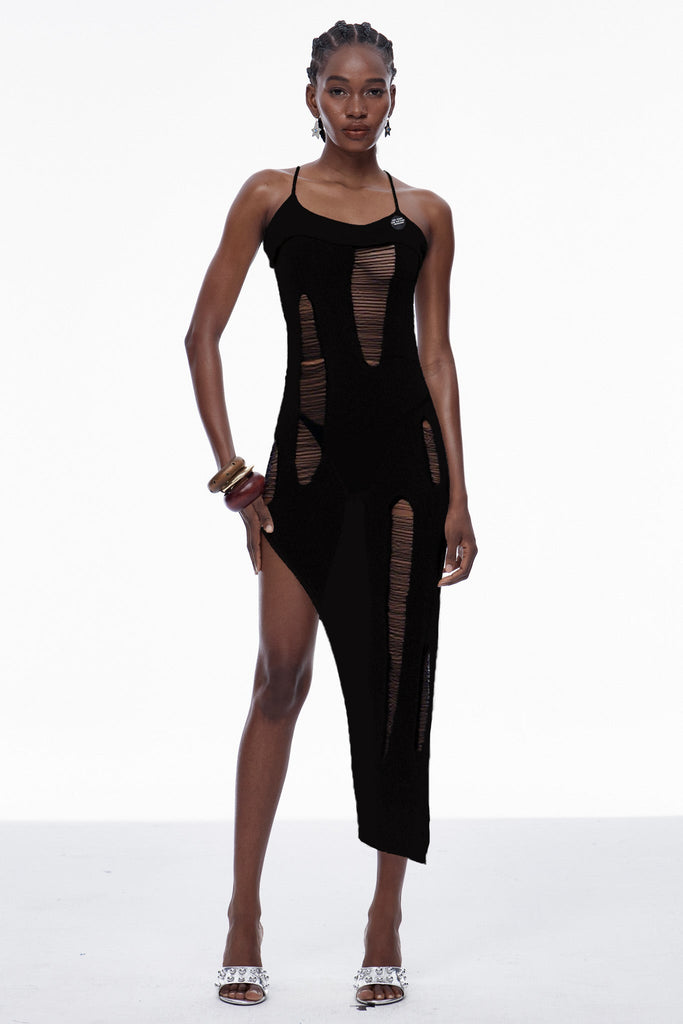 Capri Spaghetti Cutout Knit Maxi Dress In Black - Stylish black dress for special occasions | Buy Online