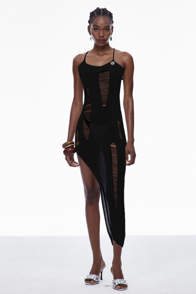 Capri Spaghetti Cutout Knit Maxi Dress In Black - Stylish black dress for special occasions | Buy Online