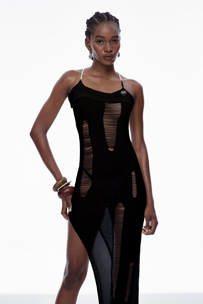 Stylish black dress | Capri Spaghetti Cutout Knit Maxi Dress In Black - Ideal for special occasions