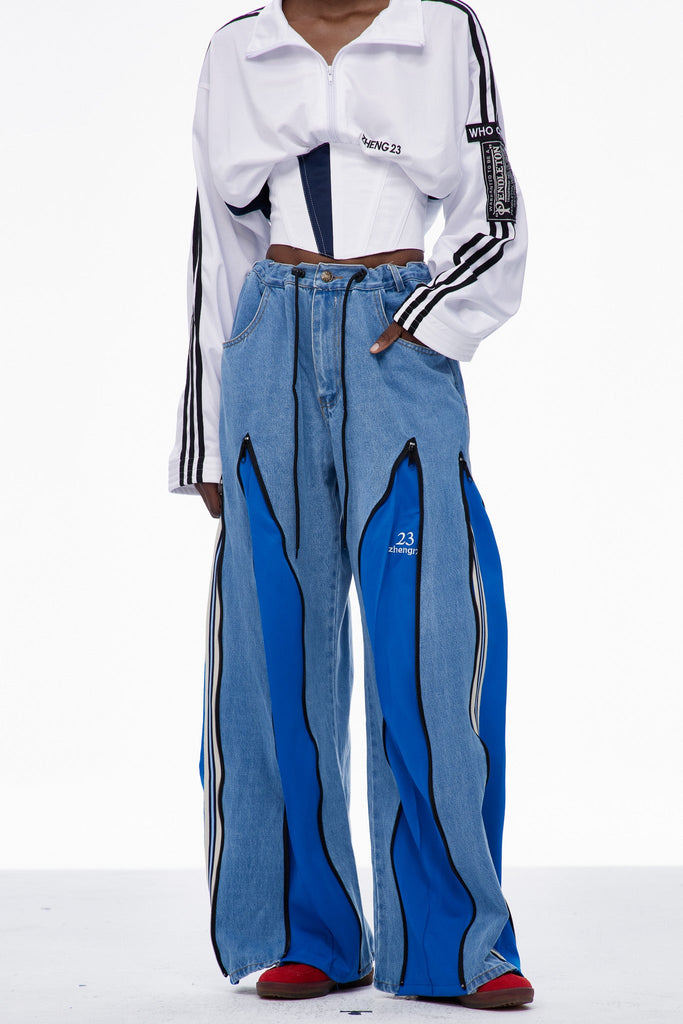 Caprina Deconstruct Zipper Stripe Jeans In Blue - Stylish blue dress for special occasions | Buy Online