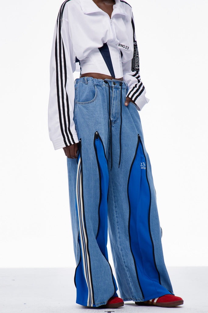 Caprina Deconstruct Zipper Stripe Jeans In Blue - Stylish blue dress for special occasions | Buy Online