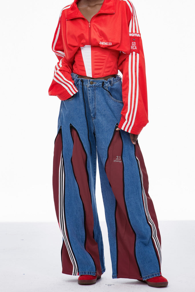 Stylish red dress | Caprina Deconstruct Zipper Stripe Jeans In Deep Red - Ideal for special occasions