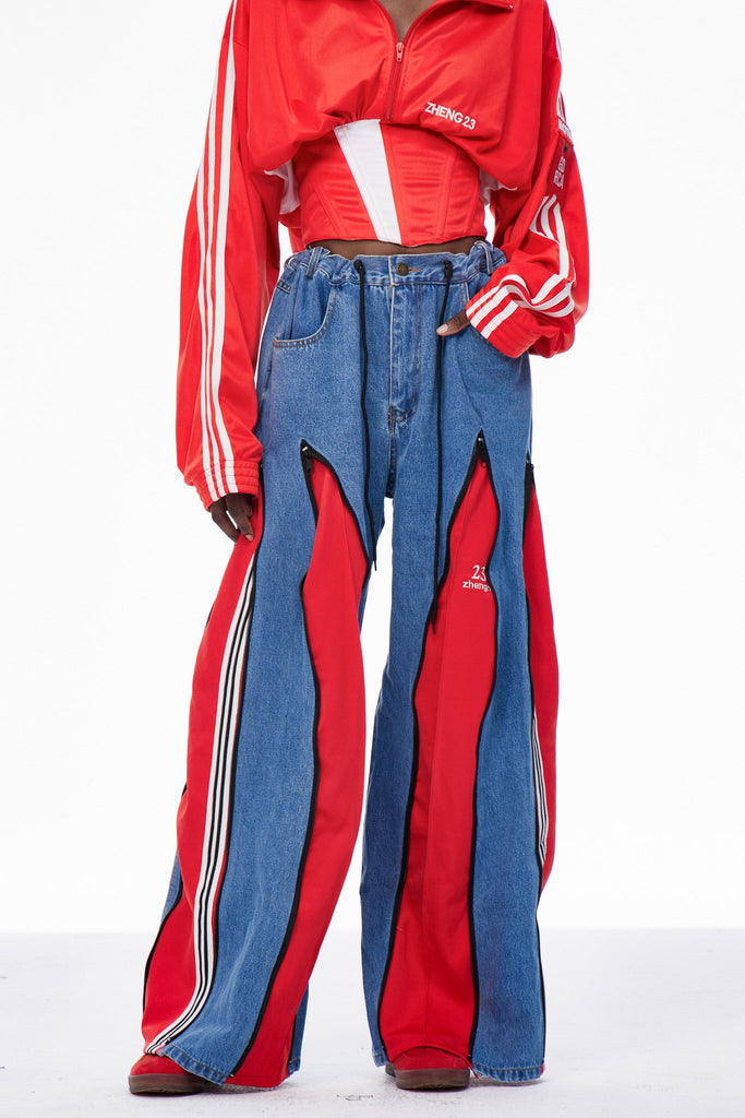 Stylish red dress | Caprina Deconstruct Zipper Stripe Jeans In Red - Ideal for special occasions