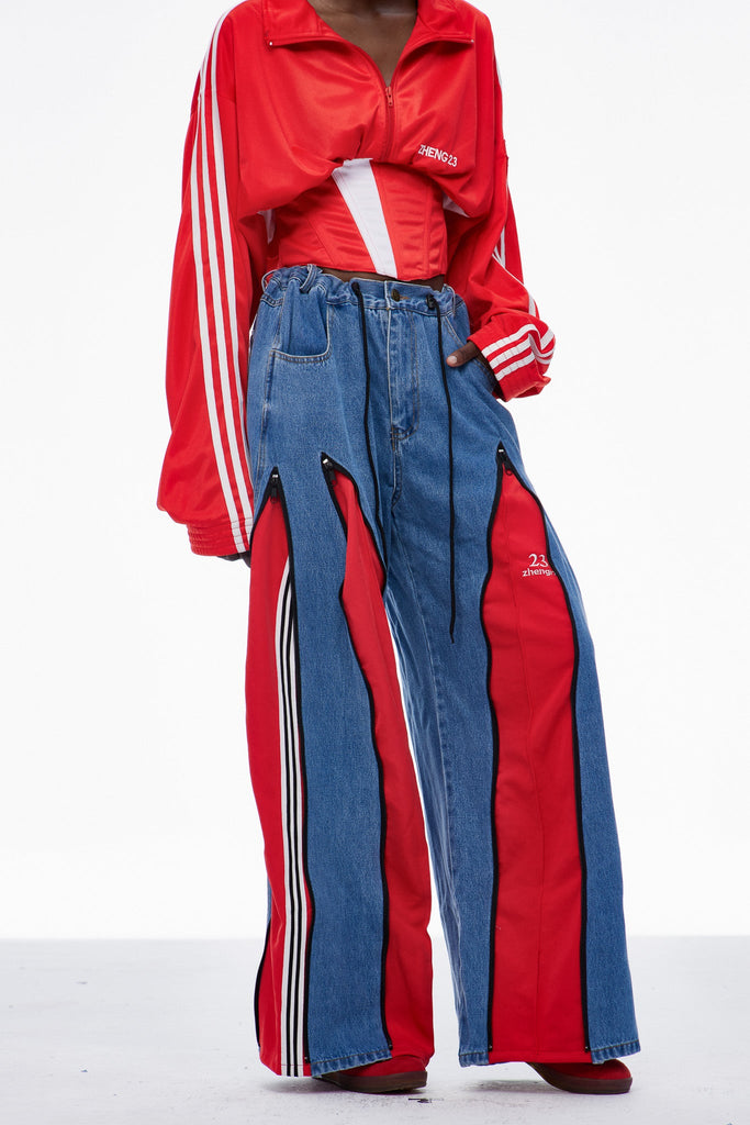 Caprina Deconstruct Zipper Stripe Jeans In Red - Stylish red dress for special occasions | Buy Online