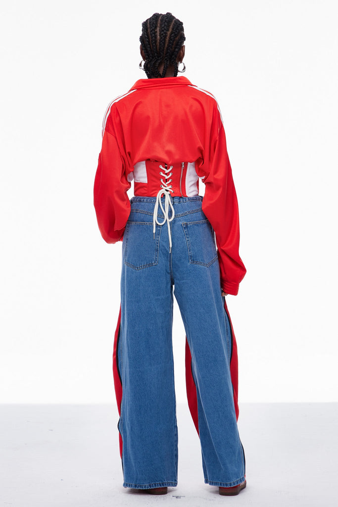 Stylish red dress | Caprina Deconstruct Zipper Stripe Jeans In Red - Ideal for special occasions