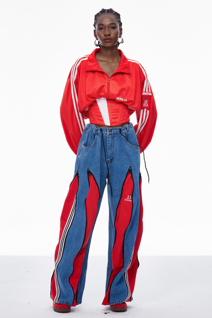 Caprina Deconstruct Zipper Stripe Jeans In Red - Stylish red dress for special occasions | Buy Online