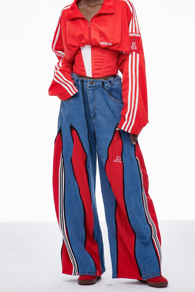 Shop  red dress - Perfect for special occasions | Caprina Deconstruct Zipper Stripe Jeans In Red