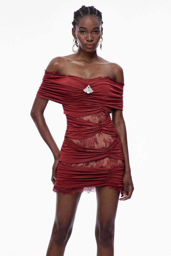Shop  beautiful dress - Perfect for special occasions | Carine Lace Ruch Off Shoulder Mini Dress