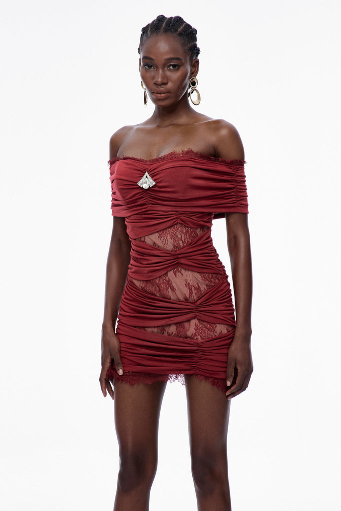 Shop  beautiful dress - Perfect for special occasions | Carine Lace Ruch Off Shoulder Mini Dress