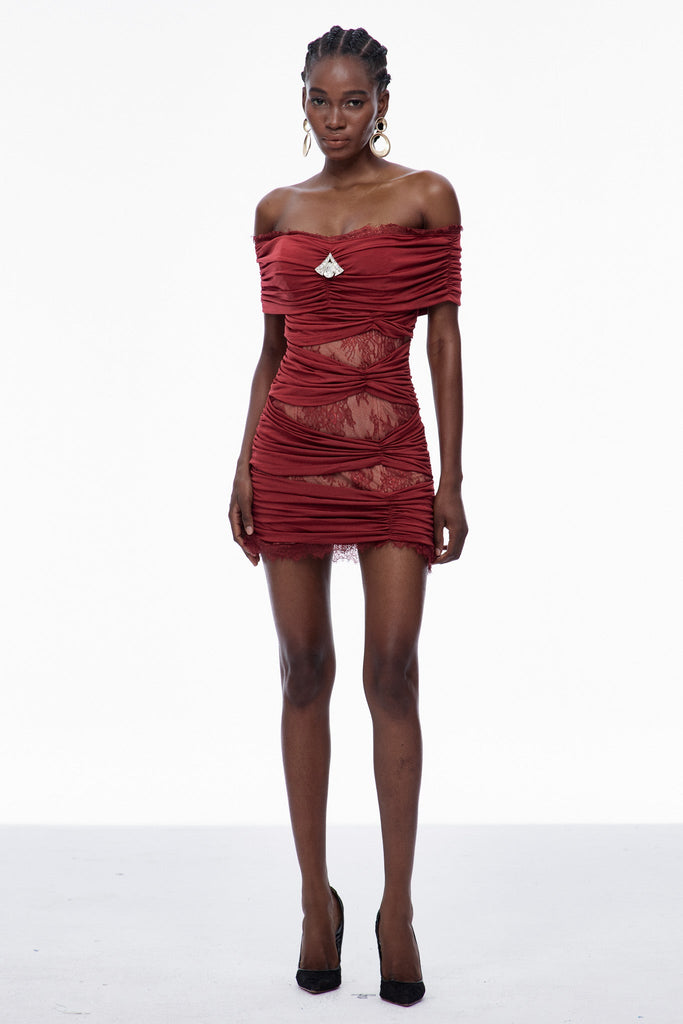 Carine Lace Ruch Off Shoulder Mini Dress - Stylish beautiful dress for special occasions | Buy Online