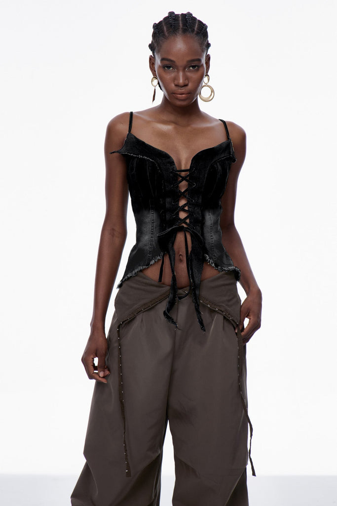 Stylish black dress | Carl Lace Up Fringe Denim Top In Black - Ideal for special occasions