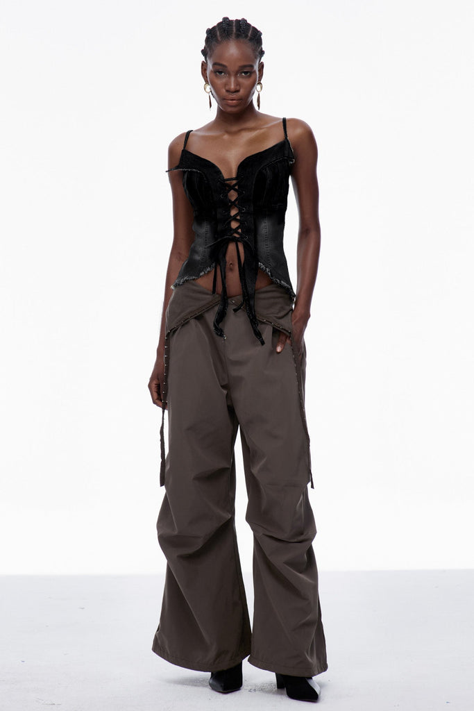 Shop  black dress - Perfect for special occasions | Carl Lace Up Fringe Denim Top In Black