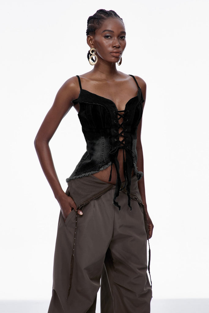 Stylish black dress | Carl Lace Up Fringe Denim Top In Black - Ideal for special occasions