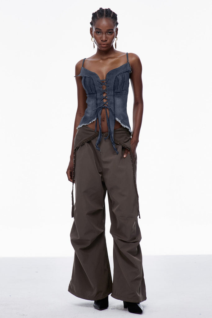 Carl Lace Up Fringe Denim Top In Deep Blue - Stylish blue dress for special occasions | Buy Online