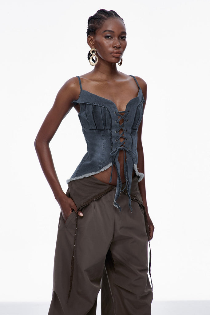 Carl Lace Up Fringe Denim Top In Deep Blue - Stylish blue dress for special occasions | Buy Online