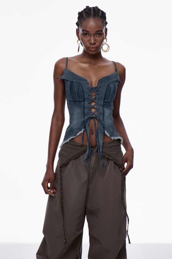 Shop  blue dress - Perfect for special occasions | Carl Lace Up Fringe Denim Top In Deep Blue