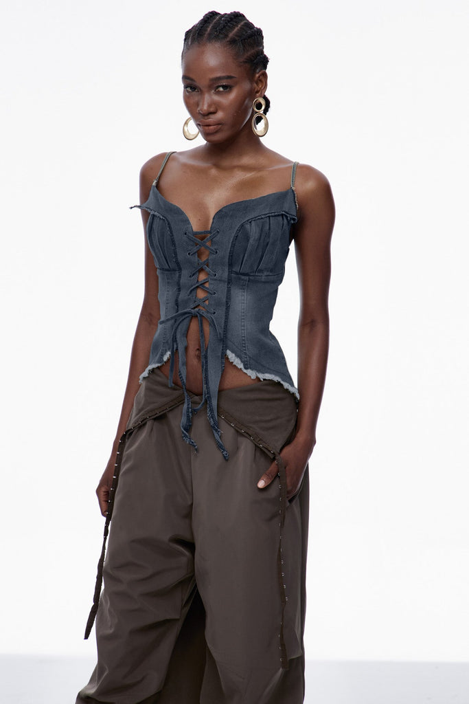 Carl Lace Up Fringe Denim Top In Deep Blue - Stylish blue dress for special occasions | Buy Online