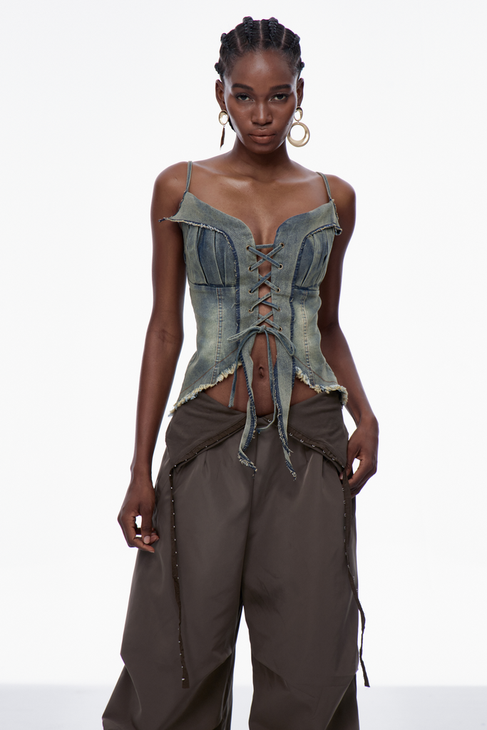 Carl Lace Up Fringe Denim Top - Stylish beautiful dress for special occasions | Buy Online