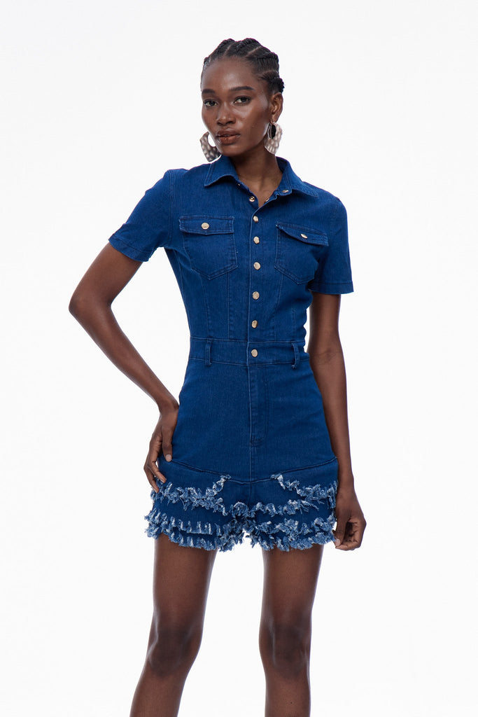 Shop  beautiful dress - Perfect for special occasions | Carla Bodycon Fringe Denim Jumpsuit