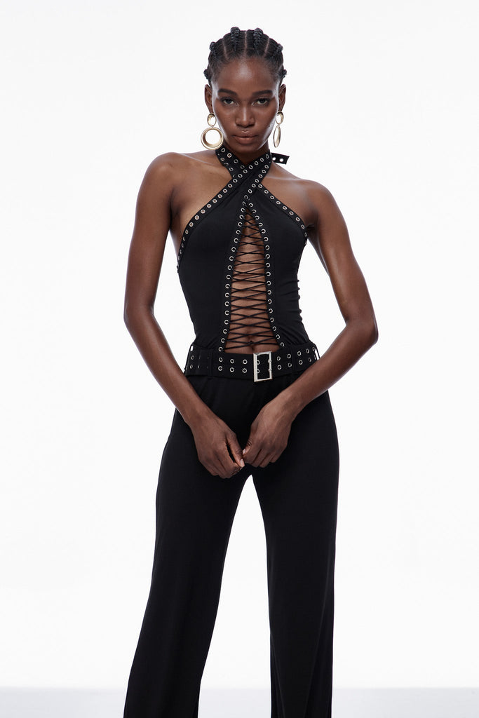 Carlisa Lace Up Cutout Embellished Jumpsuit - Stylish beautiful dress for special occasions | Buy Online