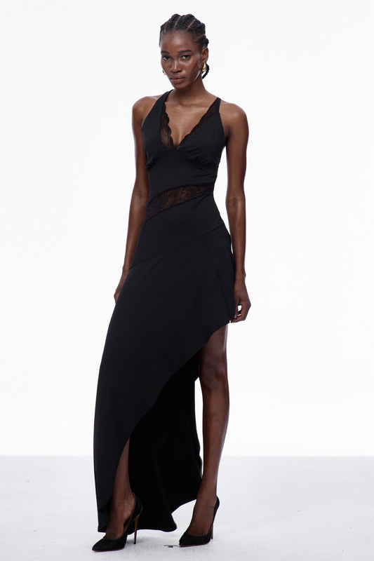 Carlota One Shouder Lace Asymmetric Maxi Dress