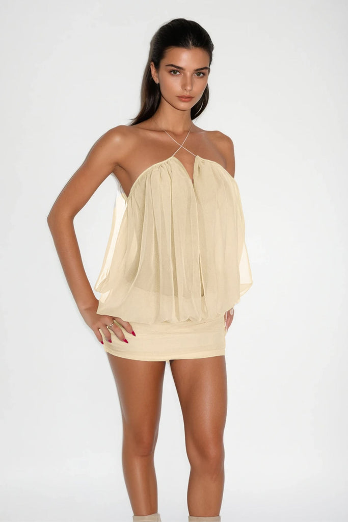 Stylish beautiful dress | Carola Mesh Ruch Plunge Mini Dress In Apricot - Ideal for special occasions