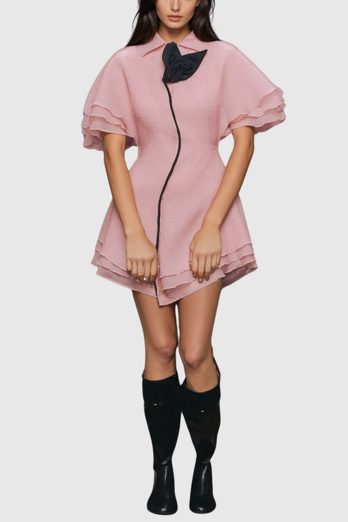 Carolus Lapel Ruffle Mini Dress In Pink - Stylish pink dress for special occasions | Buy Online