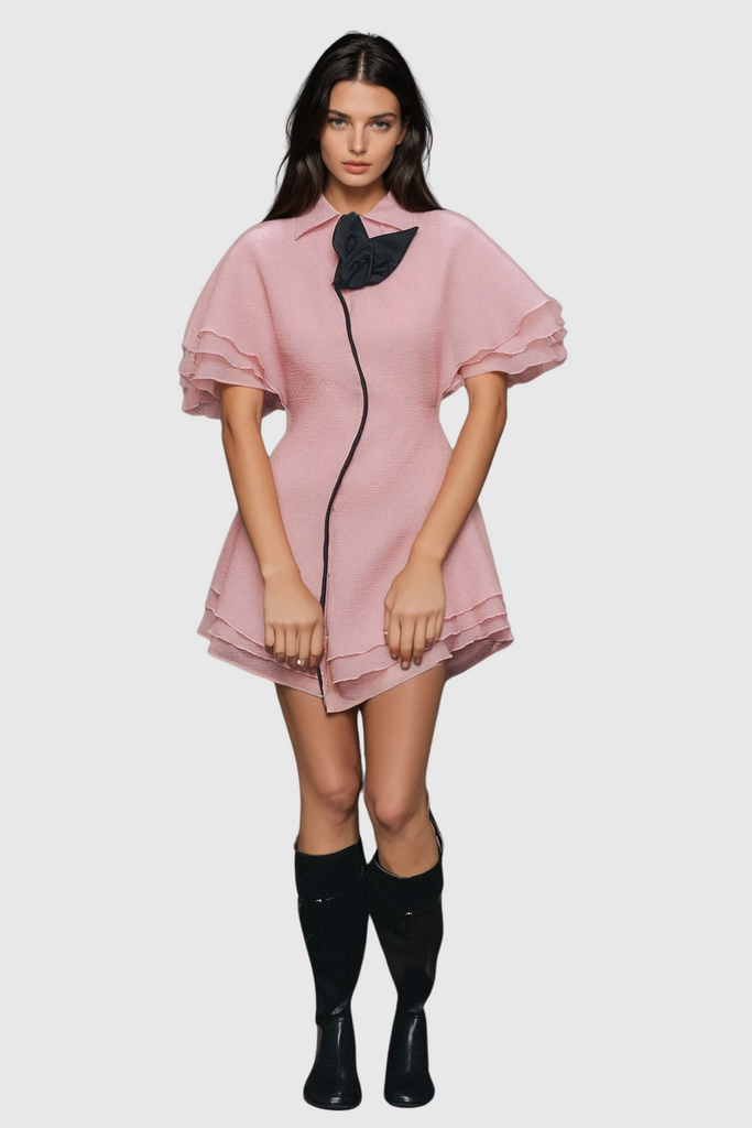 Carolus Lapel Ruffle Mini Dress In Pink - Stylish pink dress for special occasions | Buy Online