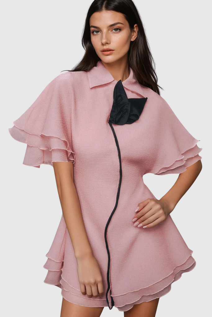 Stylish pink dress | Carolus Lapel Ruffle Mini Dress In Pink - Ideal for special occasions