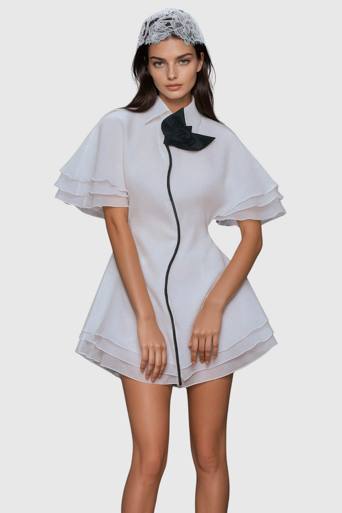 Stylish white dress | Carolus Lapel Ruffle Mini Dress In White - Ideal for special occasions