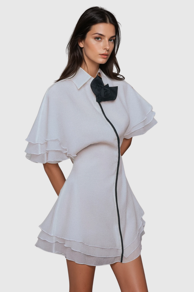 Carolus Lapel Ruffle Mini Dress In White - Stylish white dress for special occasions | Buy Online