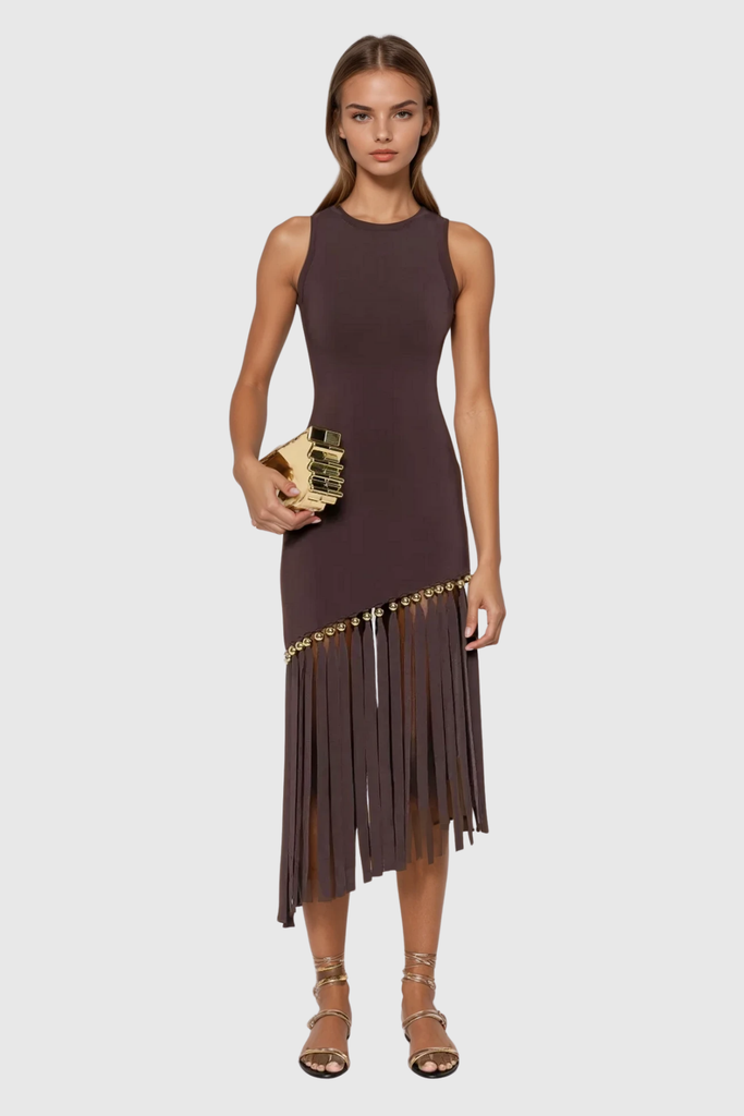 Stylish beautiful dress | Carreen Fringe Sleeveless Midi Dress - Ideal for special occasions