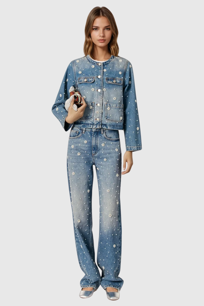 Stylish beautiful dress | Carrie Rhinestone Pearl Denim Pants Set - Ideal for special occasions