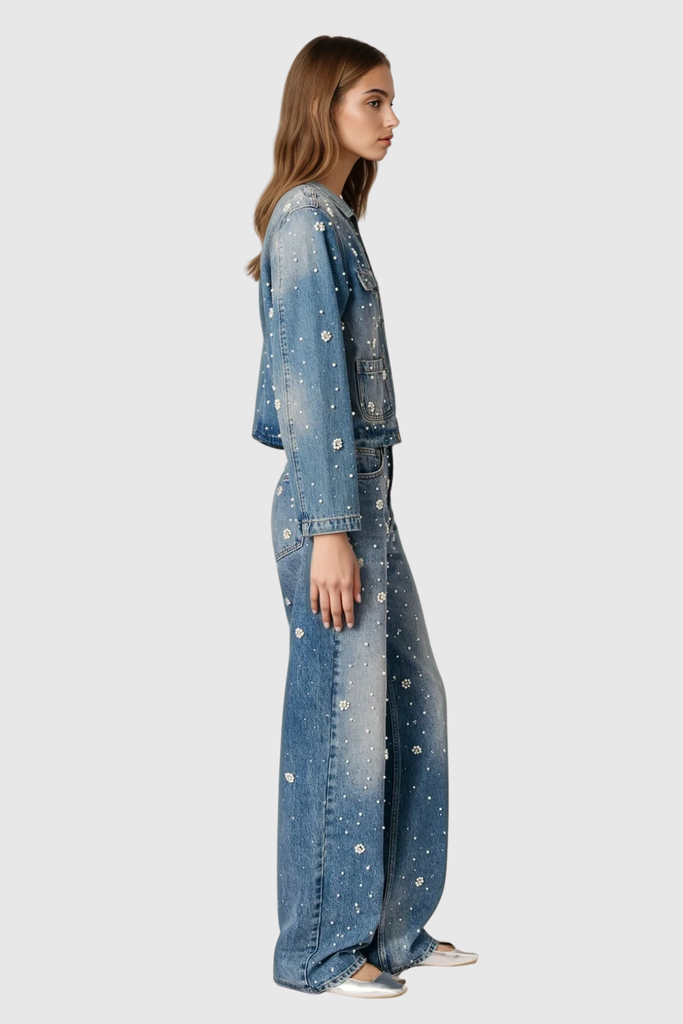 Stylish beautiful dress | Carrie Rhinestone Pearl Denim Pants Set - Ideal for special occasions