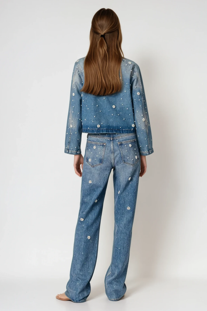 Stylish beautiful dress | Carrie Rhinestone Pearl Denim Pants Set - Ideal for special occasions