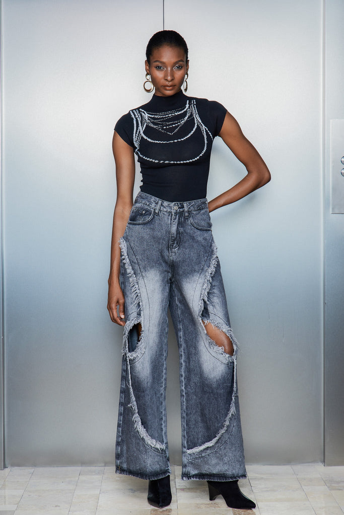 Cas Cutout Deconstruct Fringe Jeans In Black - Stylish black dress for special occasions | Buy Online