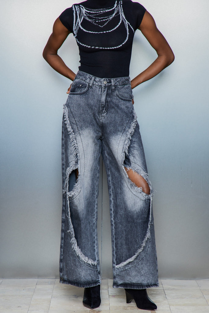 Stylish black dress | Cas Cutout Deconstruct Fringe Jeans In Black - Ideal for special occasions