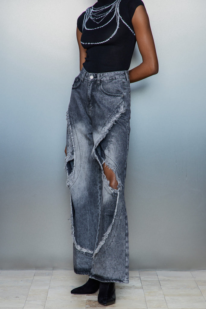 Stylish black dress | Cas Cutout Deconstruct Fringe Jeans In Black - Ideal for special occasions