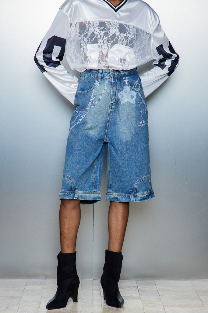 Cassia Chain Print Midi Jeans In Blue - Stylish blue midi for special occasions | Buy Online