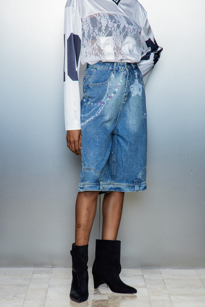 Shop  blue midi - Perfect for special occasions | Cassia Chain Print Midi Jeans In Blue