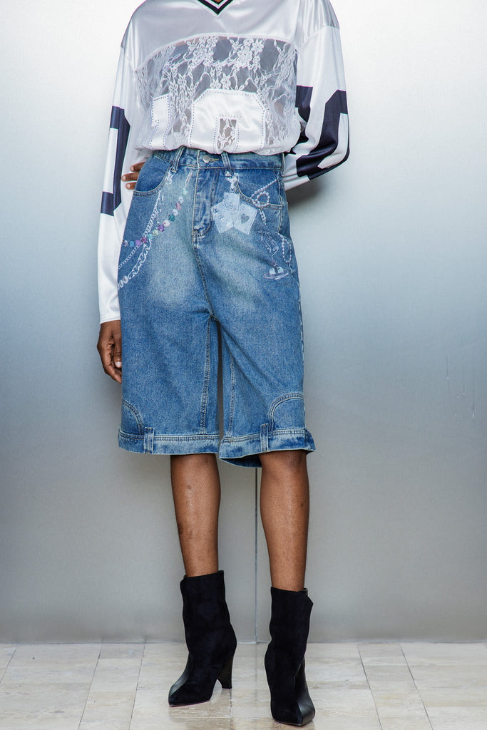 Shop  blue midi - Perfect for special occasions | Cassia Chain Print Midi Jeans In Blue