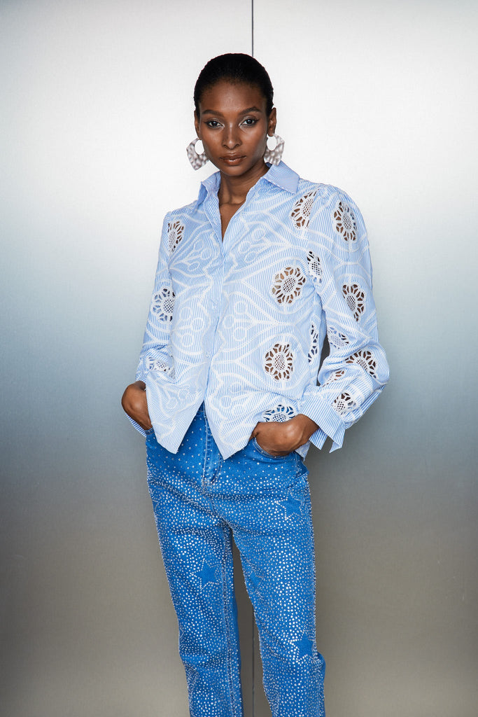 Shop  red dress - Perfect for special occasions | Catell Cutout Stripe Embroidered Shirt