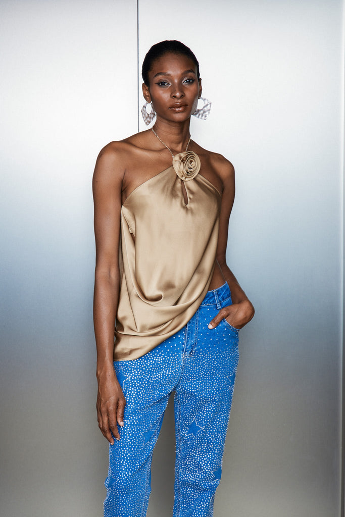 Catellus Flower Satin Ruch Top In Gold - Stylish beautiful dress for special occasions | Buy Online