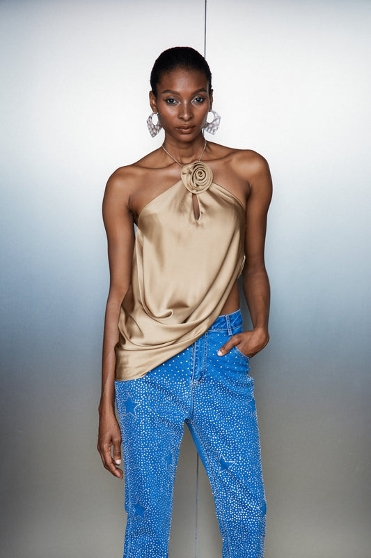 Catellus Flower Satin Ruch Top In Gold